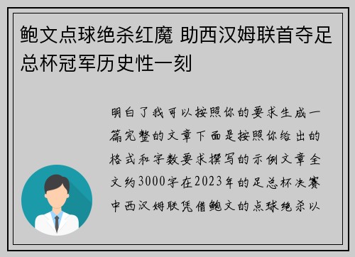 鲍文点球绝杀红魔 助西汉姆联首夺足总杯冠军历史性一刻