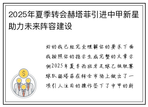 2025年夏季转会赫塔菲引进中甲新星助力未来阵容建设