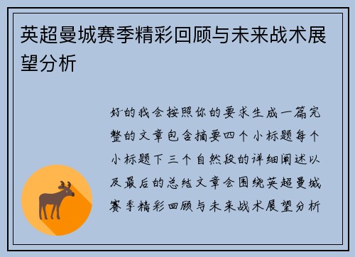 英超曼城赛季精彩回顾与未来战术展望分析