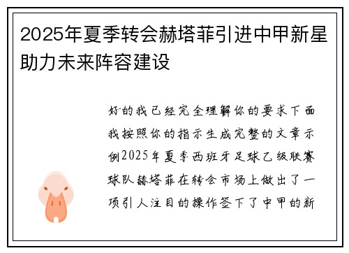 2025年夏季转会赫塔菲引进中甲新星助力未来阵容建设