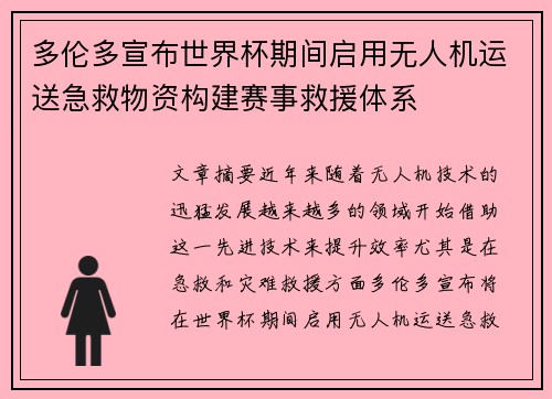 多伦多宣布世界杯期间启用无人机运送急救物资构建赛事救援体系